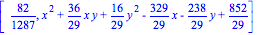 [82/1287, x^2+36/29*x*y+16/29*y^2-329/29*x-238/29*y+852/29]